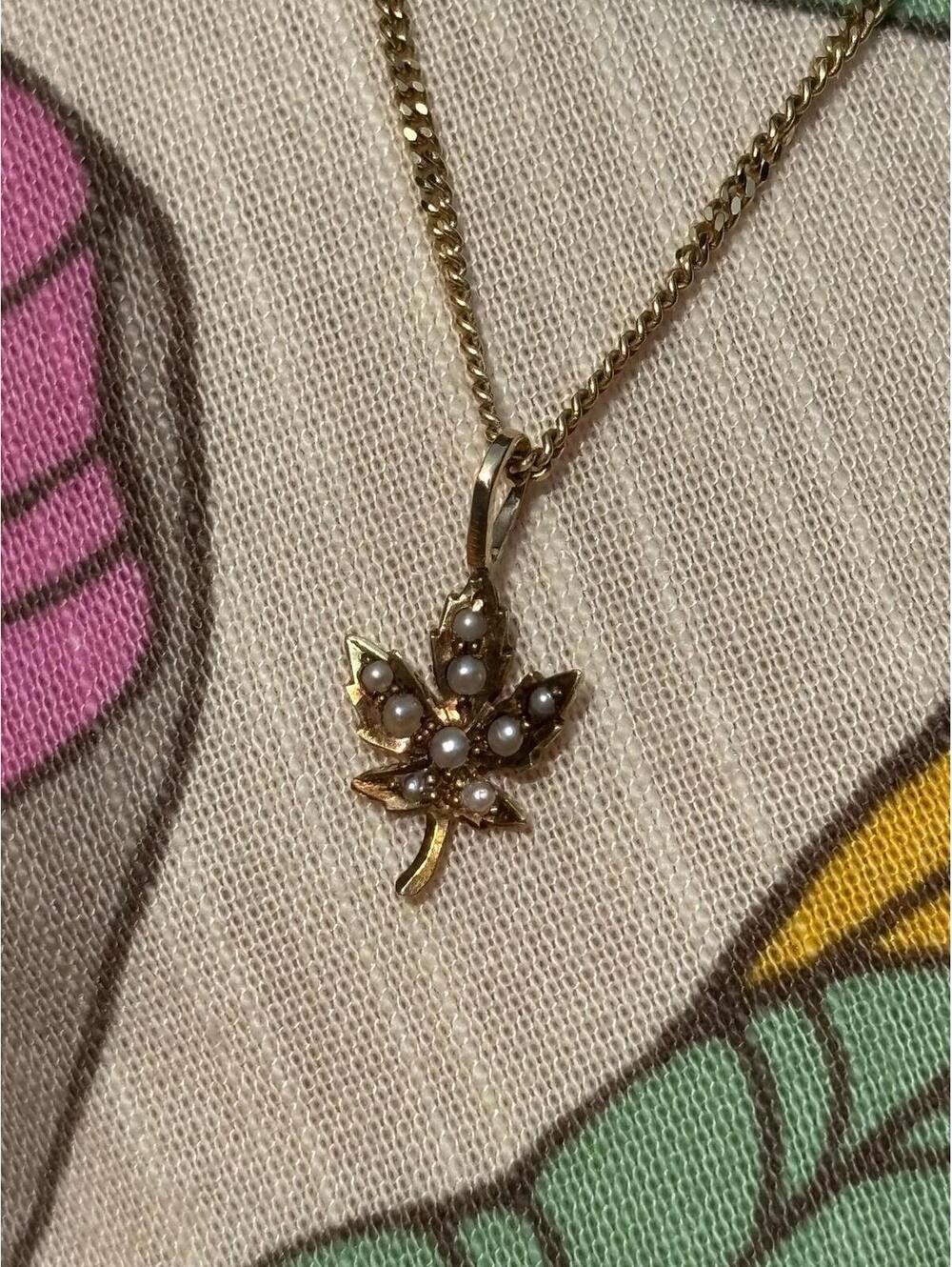 Antique 14k Yellow Gold Maple Leaf with Seed Pearl Pendant/Charm